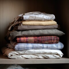 Stacked bedding in a wooden cabinet