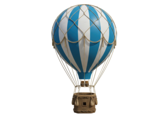 Blue and white striped hot air balloon isolated PNG, vintage wicker basket travel