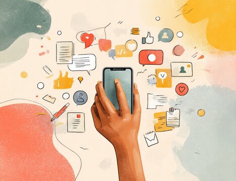 Artistic depiction of a hand using a smartphone with social media icons floating around