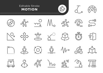 Motion line icon set. Movement, move, swing, rotary, rotation, bounce, active, speed, dynamic, position, acceleration and more . Outline icon in linear style. Vector collection.