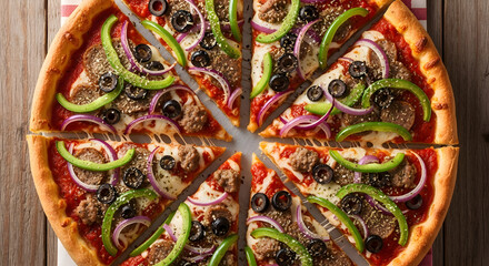 A delicious, freshly baked pizza topped with green peppers, red onions, black olives, and sausage, sliced and ready to serve on a rustic wooden table