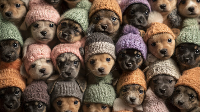 Dozens of playful puppy faces covered in warm knitted hats cozying together indoors