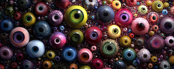 Mass of colorful surrealist eyeball sculptures covering a surface in vibrant hues at an art installation