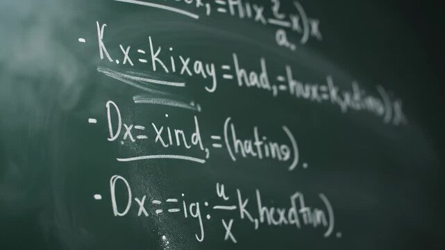 Close Up of Teacher Writing Math Equations on Chalkboard - A close-up shot shows a teacher's hand writing complex mathematical equations on a dark green chalkboard.