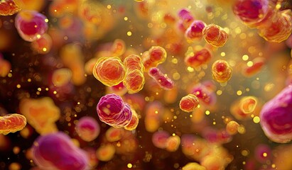 Microscopic view showing cell-like structures in various colors, with bokeh effect