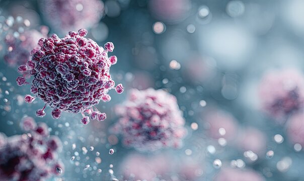Macro shot depicts detailed, textured virus particles in a blue and white bokeh background