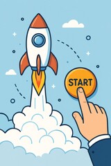 Hand pushing start button launching rocket startup