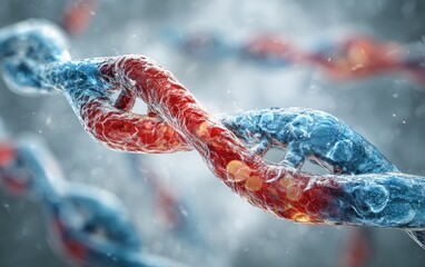 An abstract, close-up 3D rendering of a DNA strand with a blue/red, twisted structure
