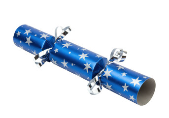 Blue Christmas cracker with silver stars isolated, festive party favor for holiday celebrations