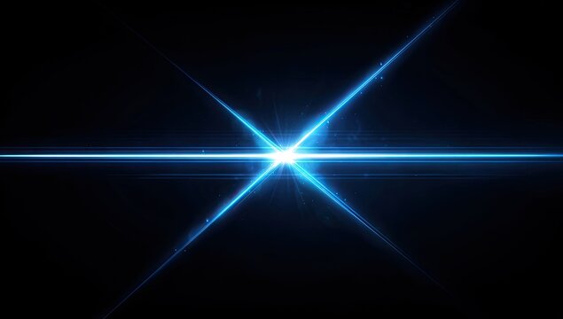 Intense bright blue starburst against a dark background, with sharp light rays