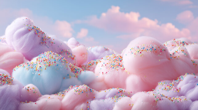 Vibrant layers of fluffy cotton candy clouds adorned with rainbow sprinkles create a dreamy pastel landscape at sunset