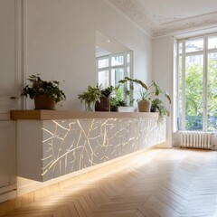 Modern, light-filled room with custom cabinetry