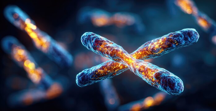 Close-up of a chromosome, with others blurred, in a vibrant, glowing, scientific illustration