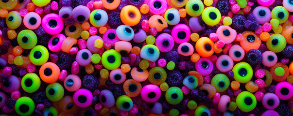 Colorful candy eyeballs create a vibrant display in assorted neon hues packed tightly in a delightful assortment