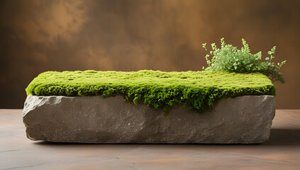 green moss and grass on stone and wooden surface