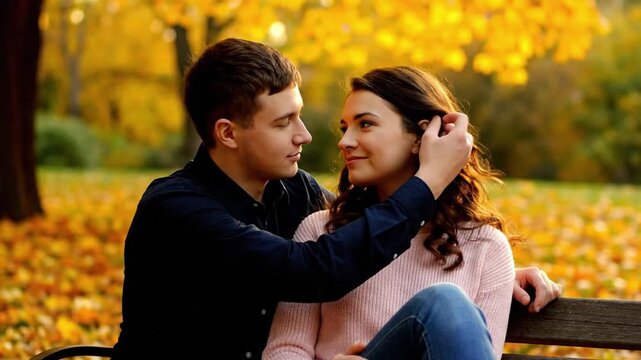 Man tenderly tucks hair behind his partner's ear in a romantic, intimate moment.