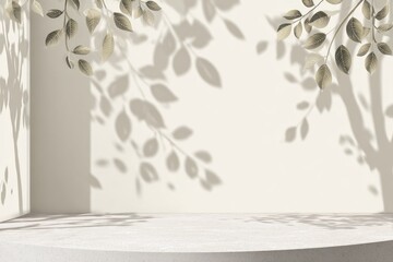 Minimalist 3D render of a blank stage with leaves shadows