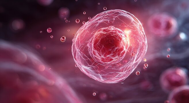 Detailed render of a biological cell with internal structures, glowing in red light