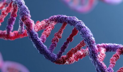 Close-up of a vibrant, textured double helix against a dark blue background