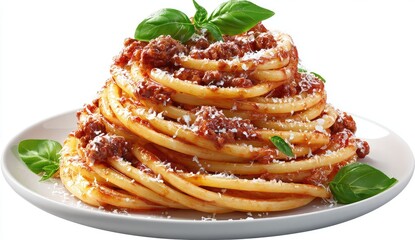 A plate piled high with pasta, a hearty portion of cooked, thick spaghetti tossed in a rich, meat-based sauce, topped with grated cheese and fresh basil