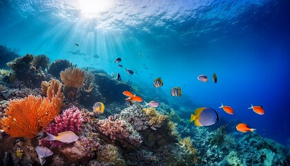 Obraz premium vibrant coral reef teeming with colorful fish illuminated by sunlight penetrating the azure water