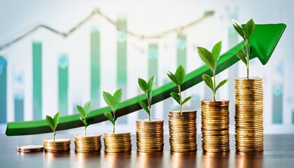 green upward arrow over stacks of gold coins and bar graphs with small plant