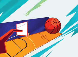 Basketball hand drawn court floor with basketball ball. illustration