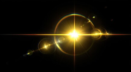 Bright, golden lens flare, sun-like effect on black. Beams radiate from a central, radiant source