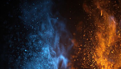 A divided scene shows ethereal blue mist clashing with fiery orange sparks against black