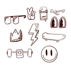 Handrawn Skateboard Stickers. Vector Badges. Stamps, Labels Design
