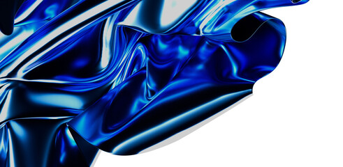 A vibrant, abstract image featuring flowing blue satin fabric with dynamic light and shadow. The...