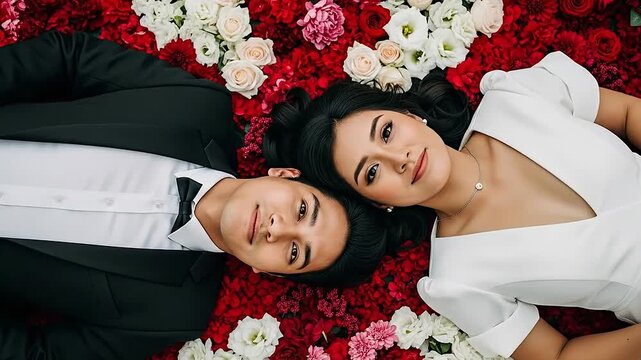 Elegant Young Couple Lying on a Bed of Red and White Flowers Looking Up