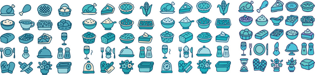 Collection of blue icons representing kitchenware and serving dishes.