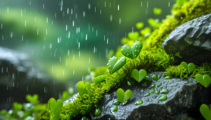 Green grass and moss with water drops on stone