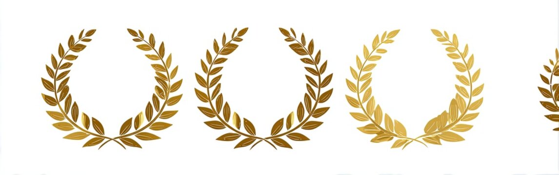 A series of golden laurel wreaths arranged horizontally against a white background - Powered by Adobe