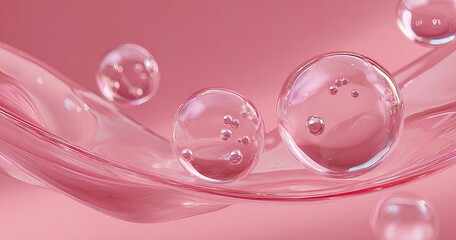 Transparent orbs with bubbles float over a soft, pink ribbon-like structure