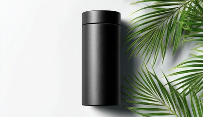 Matte black cylindrical container on a white surface surrounded by palm fronds