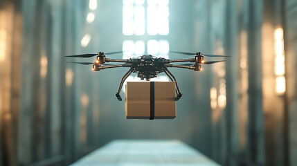 Delivery drone carrying a package in a hallway isolated on white background