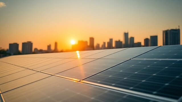 Modern solar panels reflecting golden sunlight with a city skyline softly in the background.