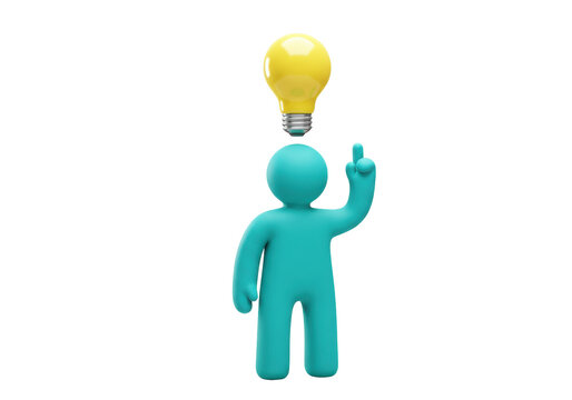 Turquoise figure with yellow light bulb isolated on transparent background, idea concept PNG - Powered by Adobe