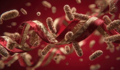 A DNA-like double helix ribbon floats amidst microscopic, oblong, brown particles against a red backdrop