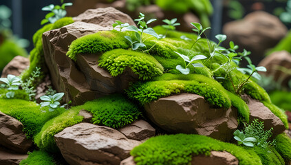Green moss covering tree trunks stones and forest ground