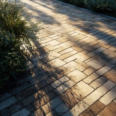 Sunlight casts long shadows on a light-brown brick path