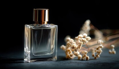Clear glass perfume bottle, gold cap,  and dried flowers.  Dark background
