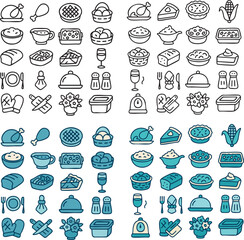 Collection of various food and kitchen related icons in outline and color.