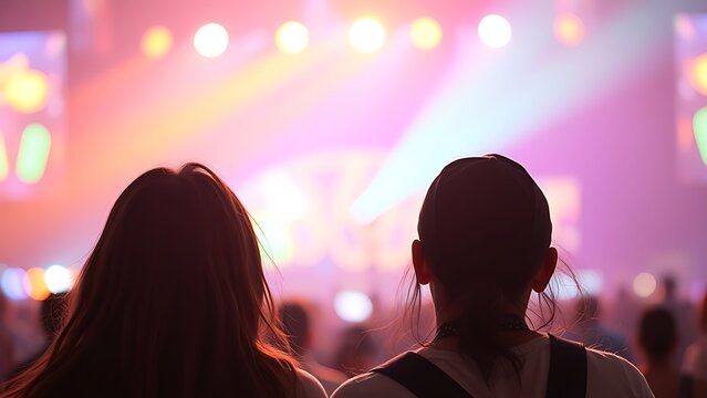 Two festival attendees enjoying music with colorful lights and a soft ambient glow around them.