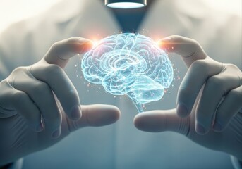 neurologist's hands examine luminous digital brain model. futuristic healthcare, scientific innovation, and medical research. technology banner, presentation.