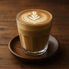 The cortado or flat white has a beautiful foam design on top. The drink sits on a dark wood table creating a warm and cozy cafe vibe.