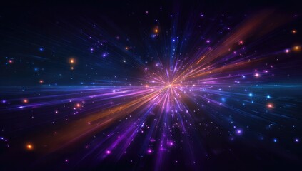Vibrant cosmic explosion with radiating beams of light and scattered colorful particles