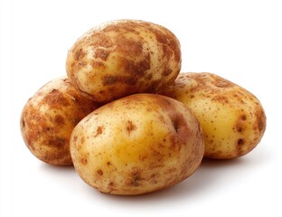 Four potatoes, light yellow skin with brown spots, stacked, isolated white background